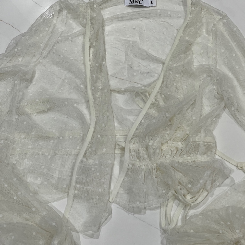 Tiger Mist Sheer White Polka Dot Blouse, L - Picture 2 of 2